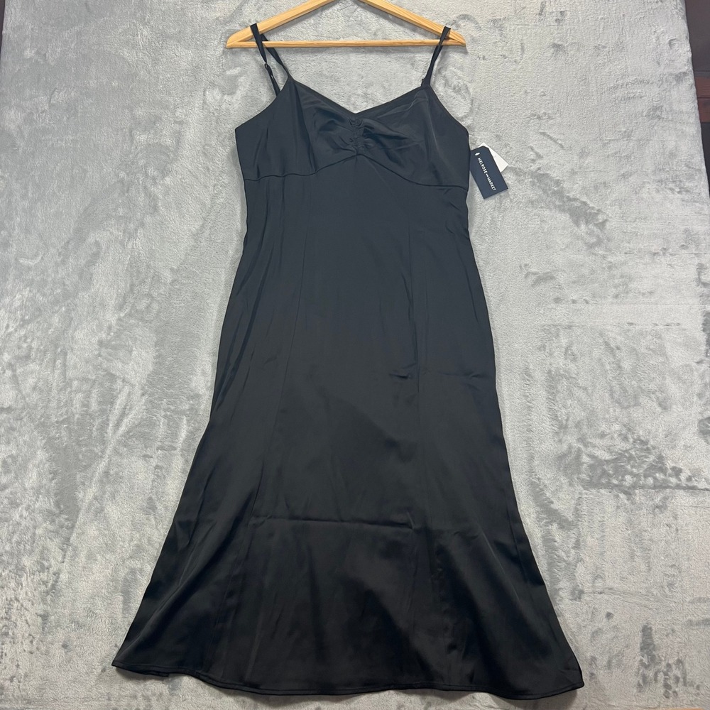 Melrose and Market Slip Dress Women Small Black NWT Ruched V-Neck Midi Cocktail